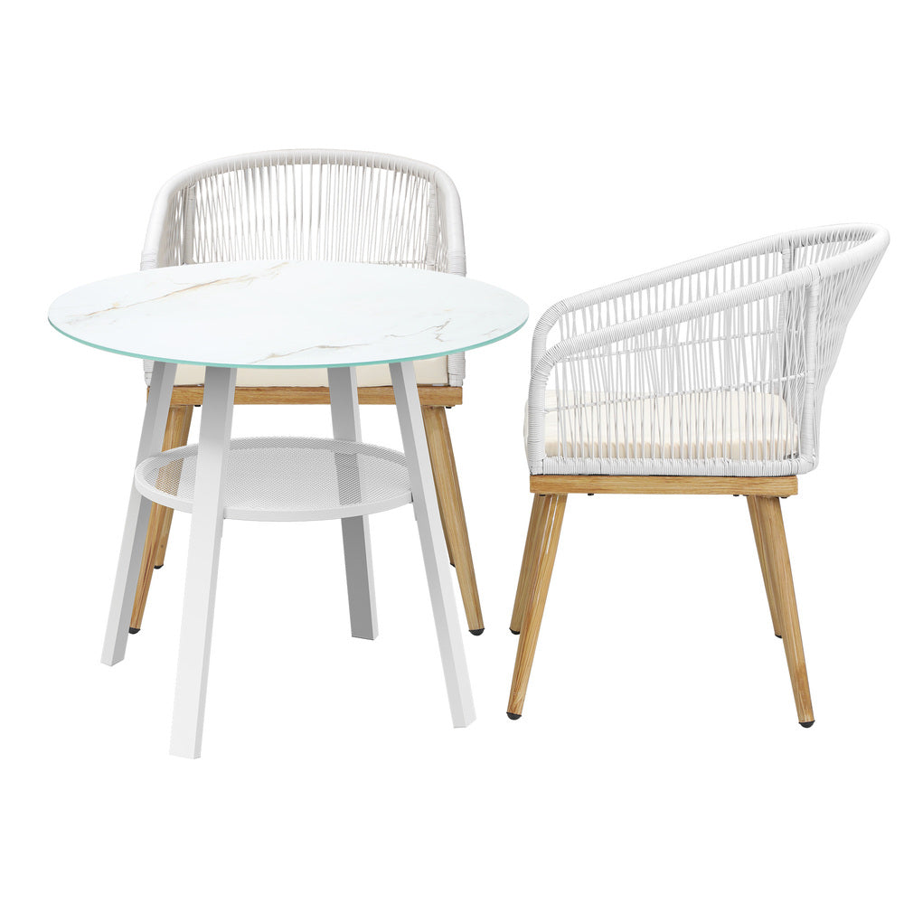 Piazza White 3 or 5pc Marble Style Table and Chair Outdoor Set | Soft Cushioned Chairs and Table Patio Furniture Set