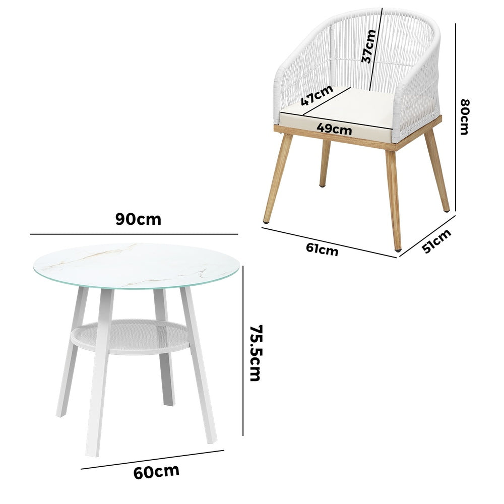 Piazza White 3 or 5pc Marble Style Table and Chair Outdoor Set | Soft Cushioned Chairs and Table Patio Furniture Set