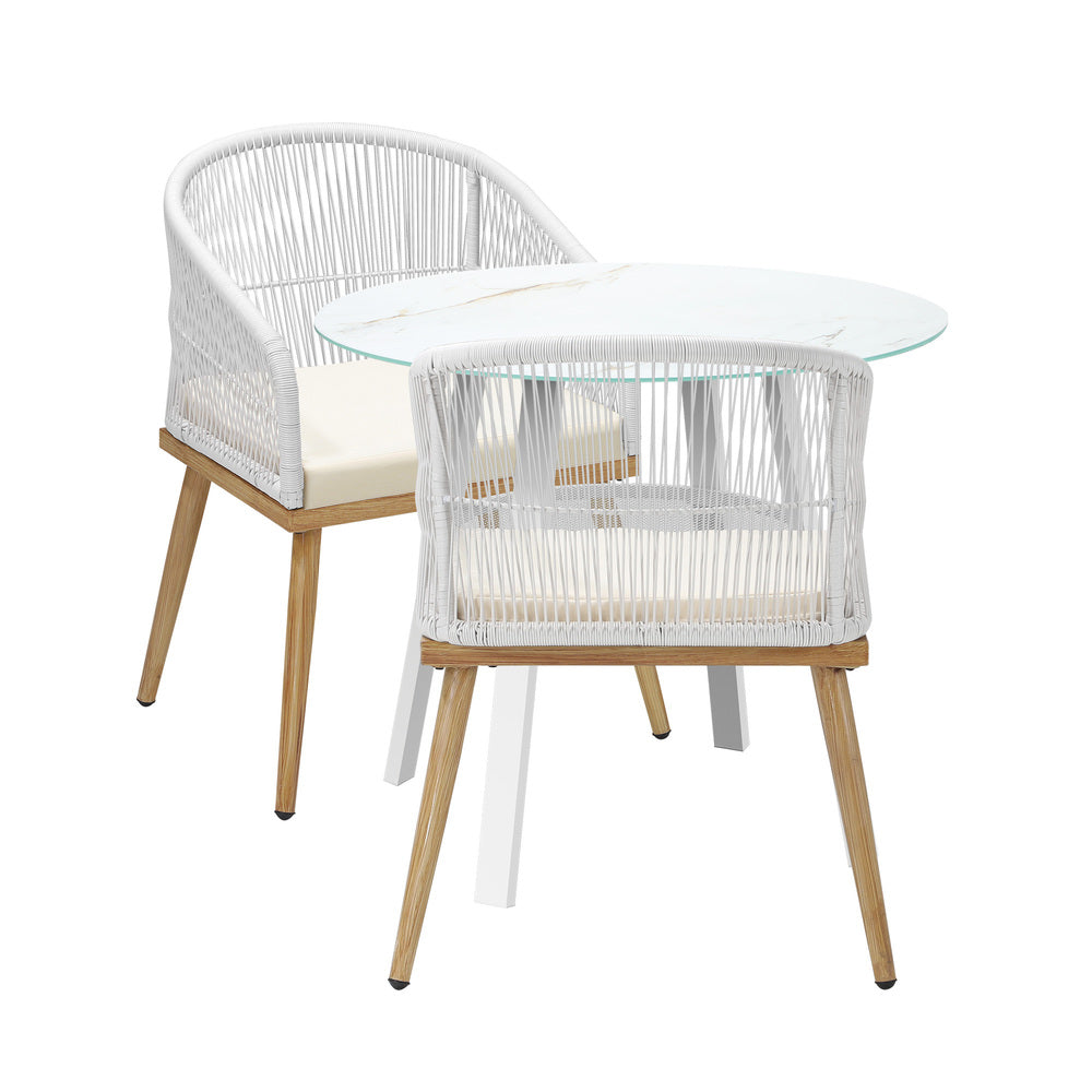 Piazza White 3 or 5pc Marble Style Table and Chair Outdoor Set | Soft Cushioned Chairs and Table Patio Furniture Set