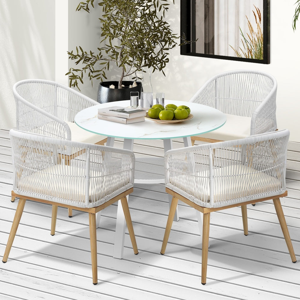 Piazza White 3 or 5pc Marble Style Table and Chair Outdoor Set | Soft Cushioned Chairs and Table Patio Furniture Set