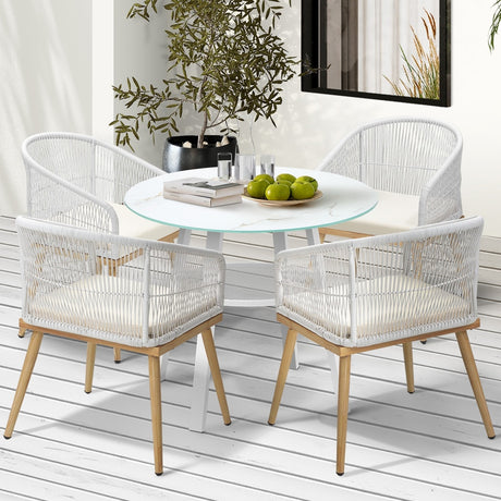 Piazza White 3 or 5pc Marble Style Table and Chair Outdoor Set | Soft Cushioned Chairs and Table Patio Furniture Set