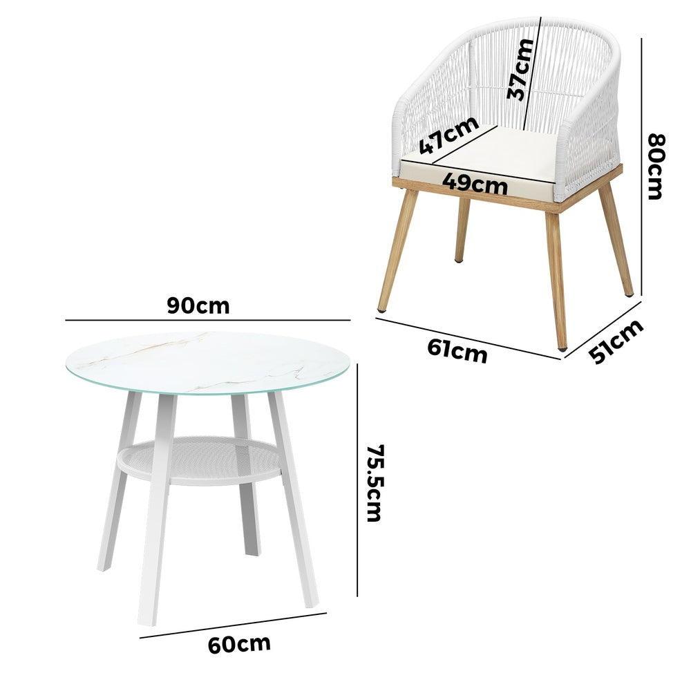 Piazza White 3 or 5pc Marble Style Table and Chair Outdoor Set | Soft Cushioned Chairs and Table Patio Furniture Set