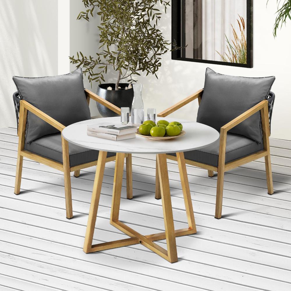 Designer 3pc Marble Stone Style Table and Chair Outdoor Set | Soft Cushioned Chairs and Table Patio Furniture Set