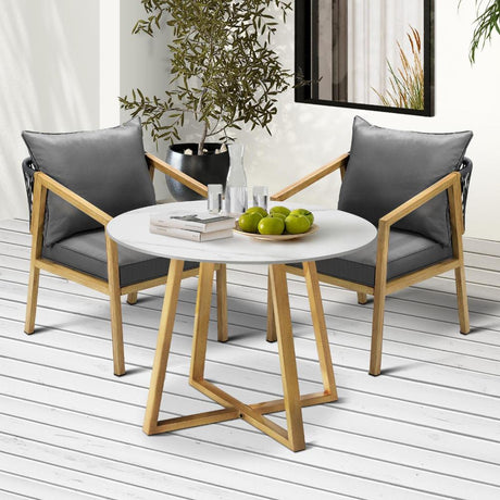 Designer 3pc Marble Stone Style Table and Chair Outdoor Set | Soft Cushioned Chairs and Table Patio Furniture Set