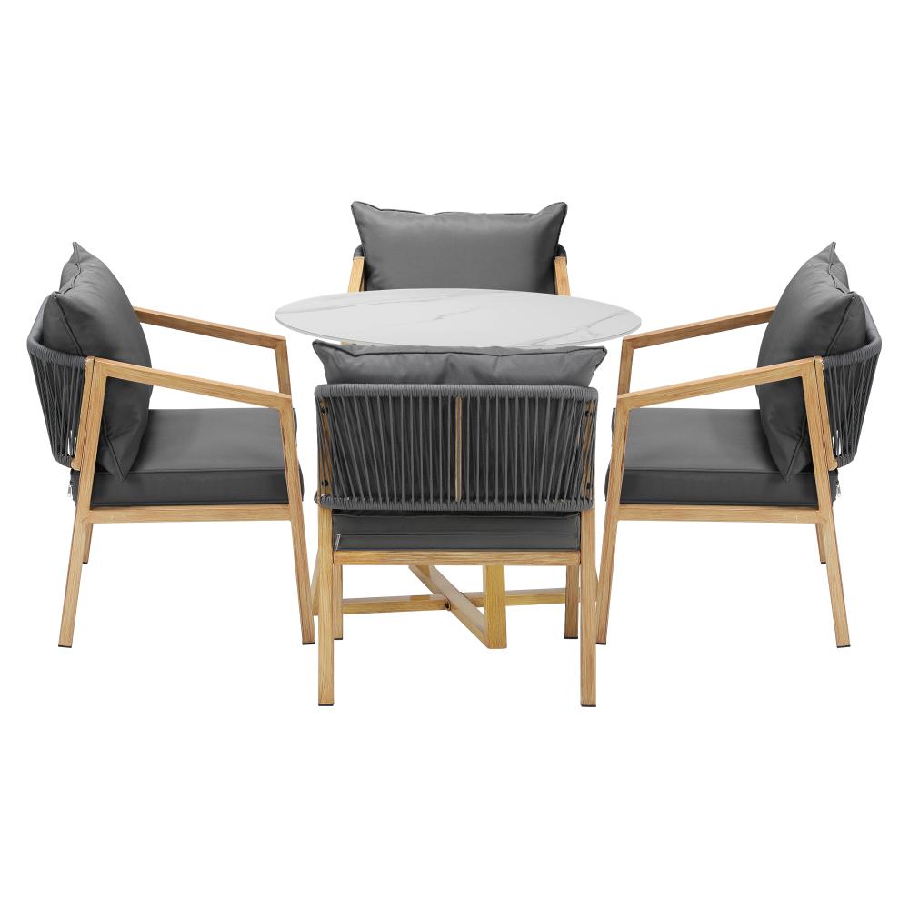 Designer 5pc Marble Stone Style Table and Chair Outdoor Set | Soft Cushioned Chairs and Table Patio Furniture Set