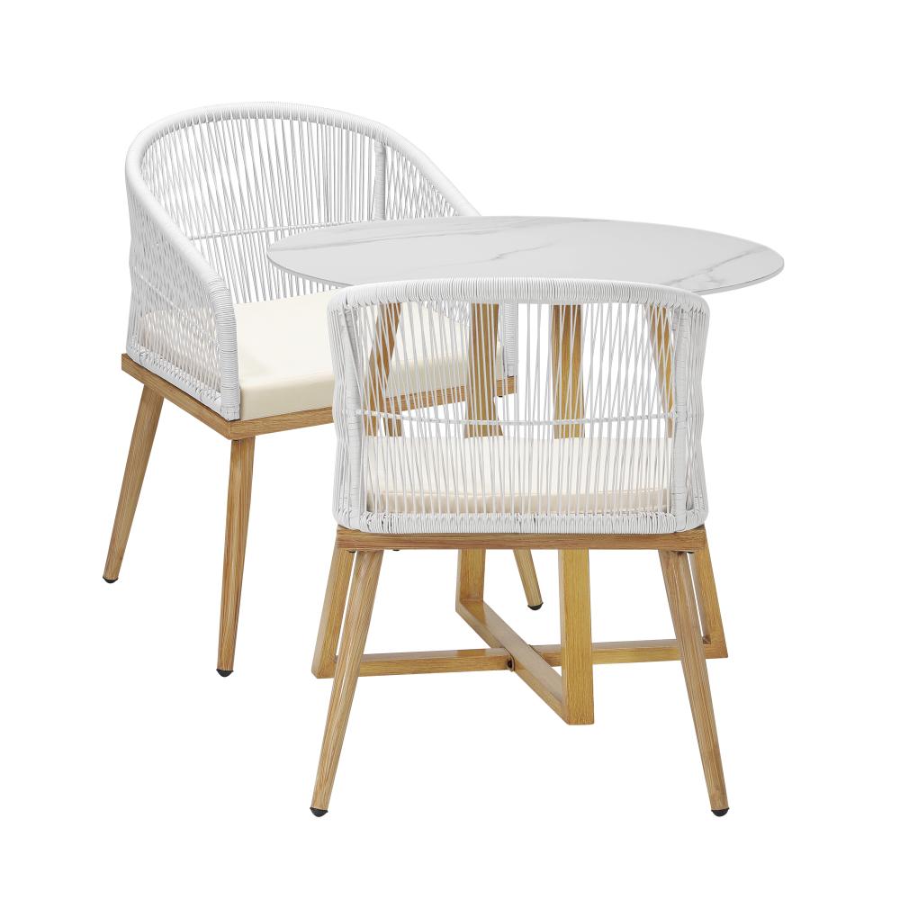 Designer 3pc Marble Stone Style Table and Chair Outdoor Set | Soft Cushioned Chairs and Table Patio Furniture Set