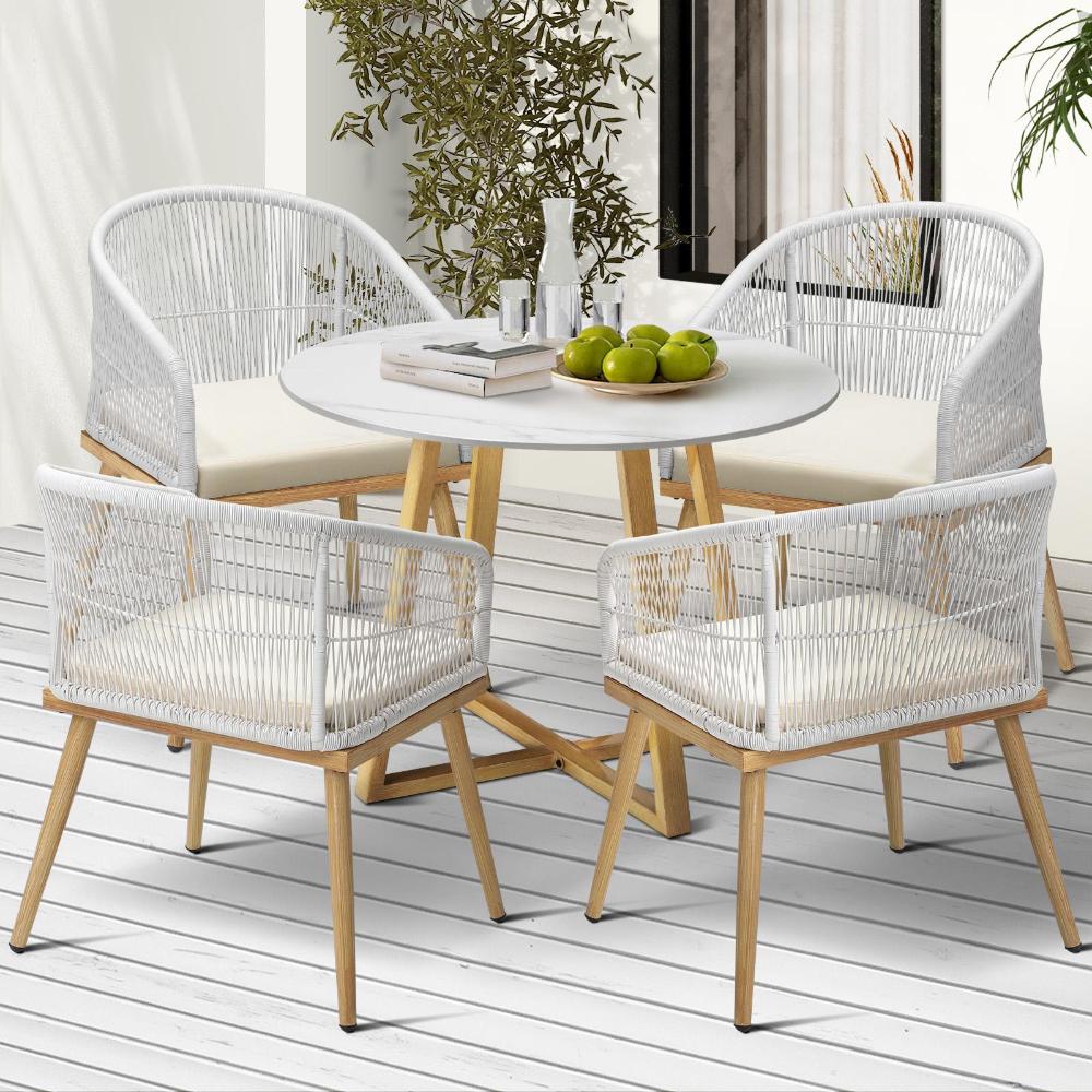 Designer 5pc Marble Stone Style Table and Chair Outdoor Set | Soft Cushioned Chairs and Table Patio Furniture Set