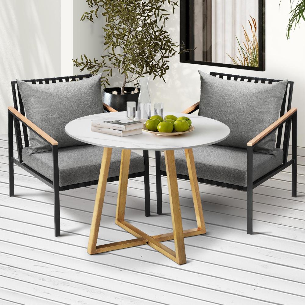 Designer 3pc Marble Stone Style Table and Chair Outdoor Set | Soft Cushioned Chairs and Table Patio Furniture Set