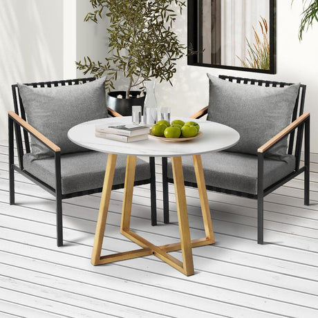 Designer 3pc Marble Stone Style Table and Chair Outdoor Set | Soft Cushioned Chairs and Table Patio Furniture Set