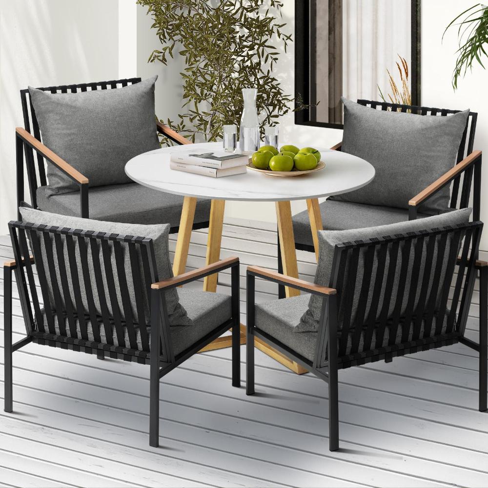 Designer 5pc Marble Stone Style Table and Chair Outdoor Set | Soft Cushioned Chairs and Table Patio Furniture Set