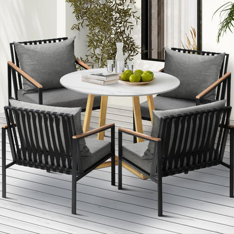Designer 5pc Marble Stone Style Table and Chair Outdoor Set | Soft Cushioned Chairs and Table Patio Furniture Set