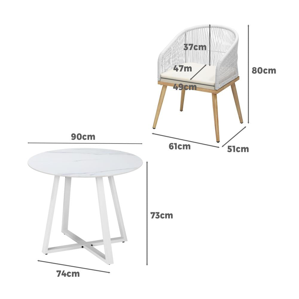 Designer 3pc Marble Stone Style Table and Chair Outdoor Set | Soft Cushioned Chairs and Table Patio Furniture Set