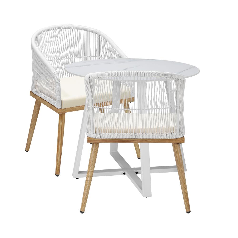 Designer 3pc Marble Stone Style Table and Chair Outdoor Set | Soft Cushioned Chairs and Table Patio Furniture Set