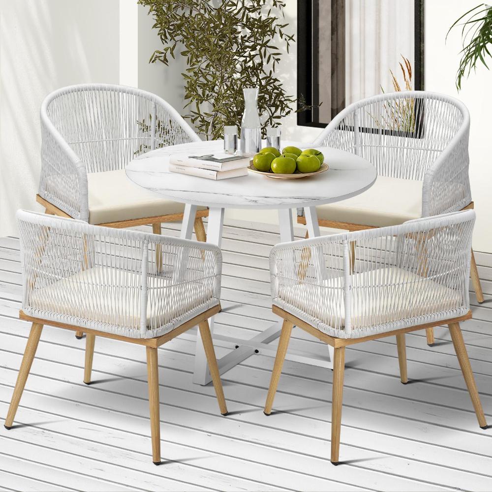 Designer 5pc Marble Stone Style Table and Chair Outdoor Set | Soft Cushioned Chairs and Table Patio Furniture Set