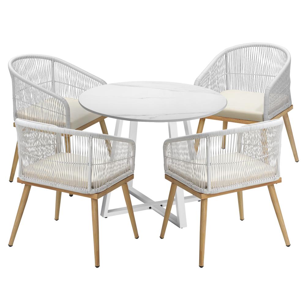 Designer 5pc Marble Stone Style Table and Chair Outdoor Set | Soft Cushioned Chairs and Table Patio Furniture Set