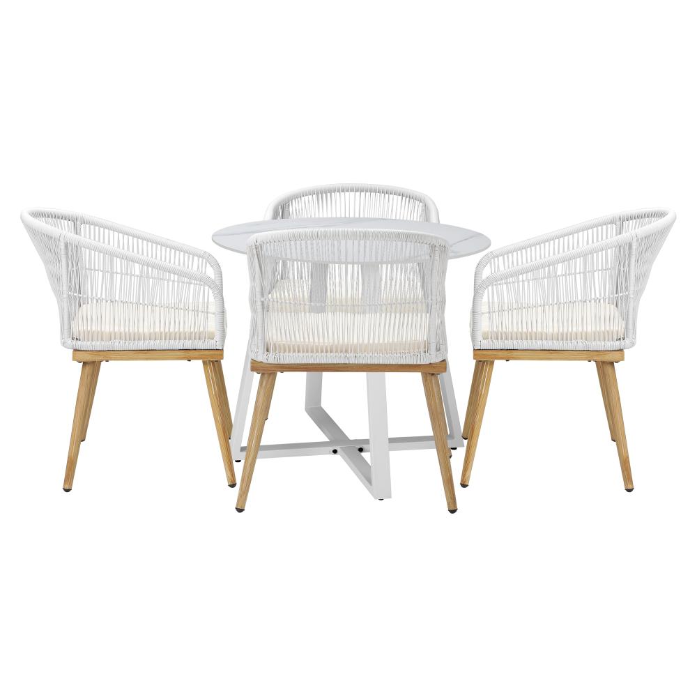 Designer 5pc Marble Stone Style Table and Chair Outdoor Set | Soft Cushioned Chairs and Table Patio Furniture Set