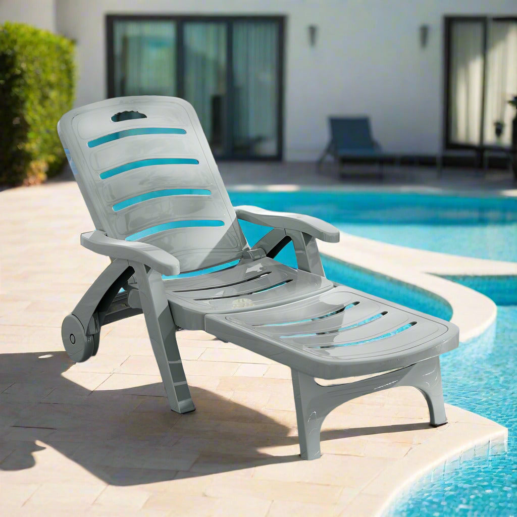 Amalfi Foldable Modern Sun Lounge | Weather Resistant Outdoor Pool Lounger Day Bed With Moveable Wheels