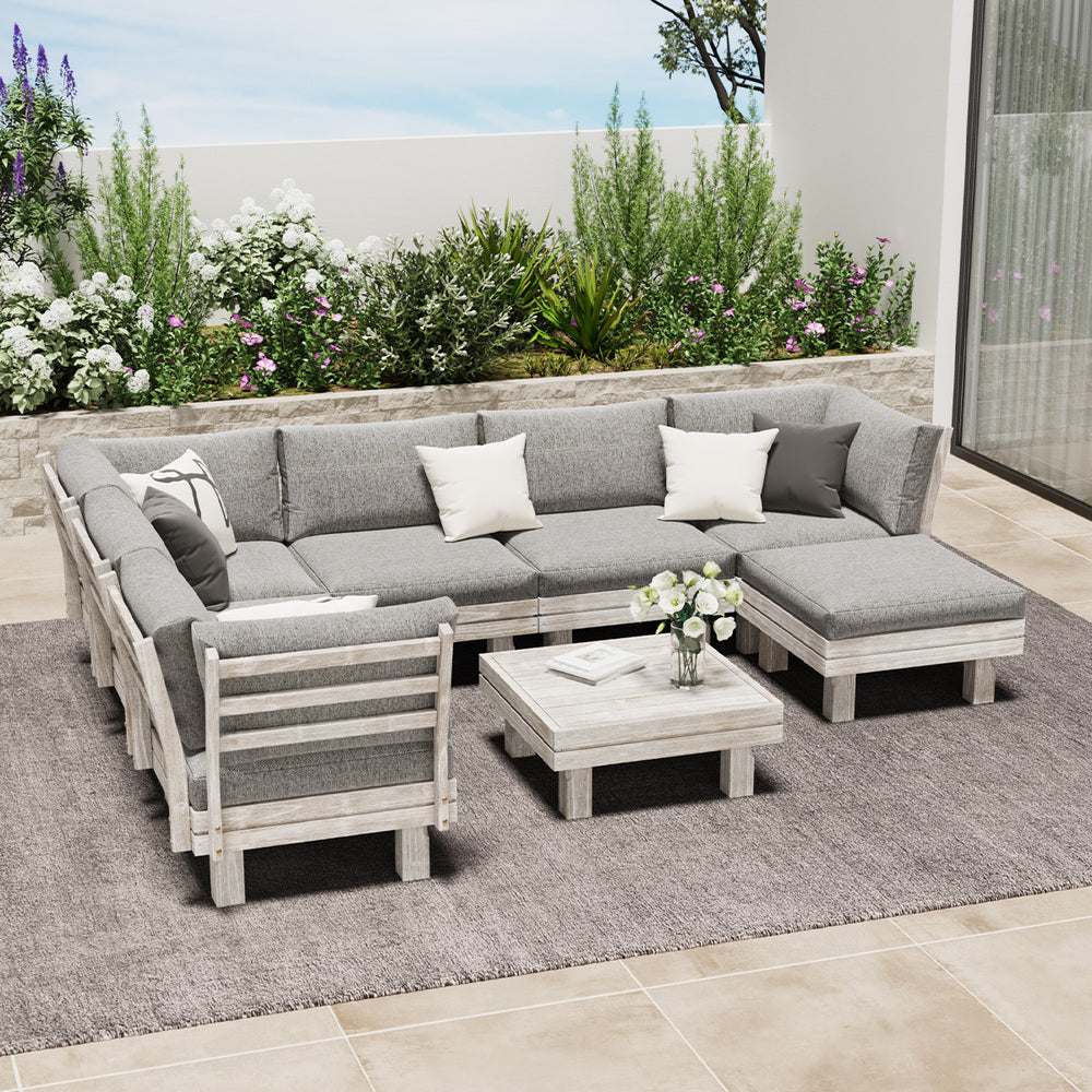 Milano Luxe Wooden Outdoor Lounge Set with Table | Modern Soft Extra Wide Cushions Outdoor Sofa Set