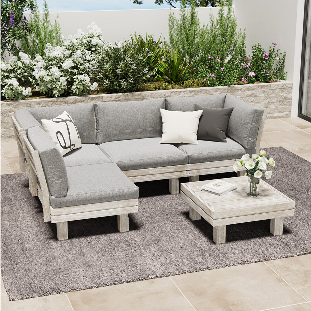 Milano Luxe Wooden Outdoor Lounge Set with Table | Modern Soft Extra Wide Cushions Outdoor Sofa Set