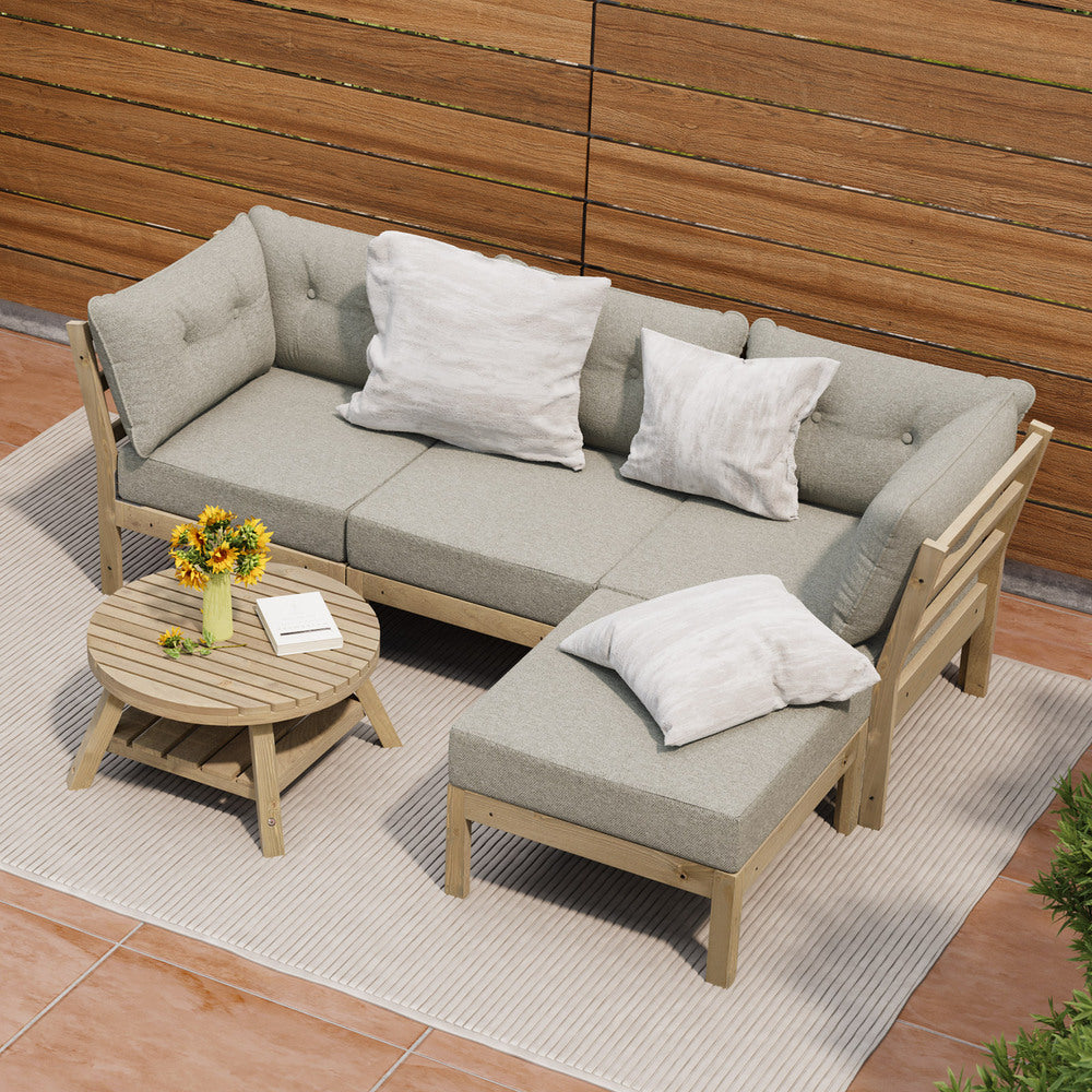 Playa Orsini Wooden Outdoor Lounge Set with Table | Modern Beige Cushion Outdoor Lounge Set