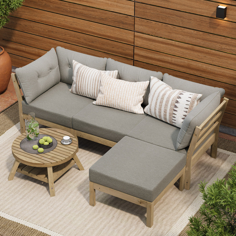 Playa Orsini Wooden Outdoor Lounge Set with Table | Modern Grey Cushion Outdoor Lounge Set