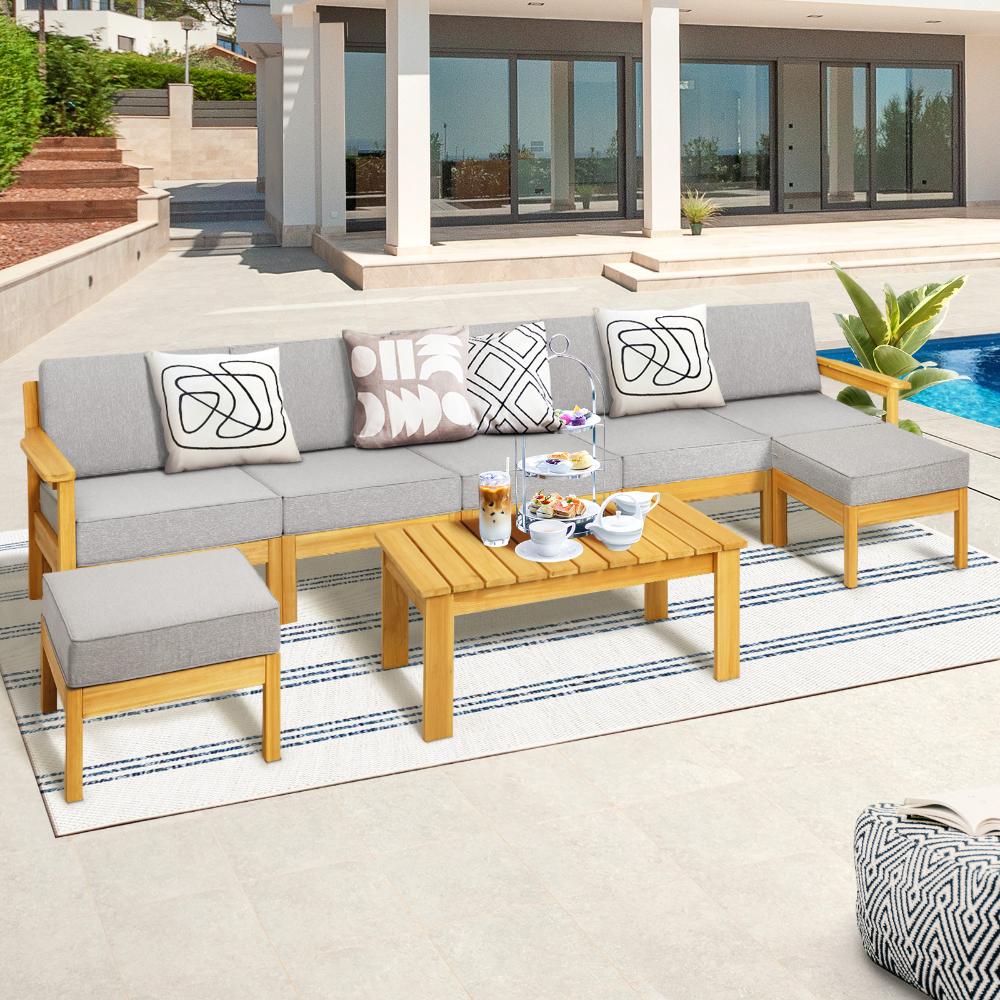 Playa Bonita Wooden Outdoor Lounge Set | Flexi Layout Modern Outdoor Patio Furniture Set