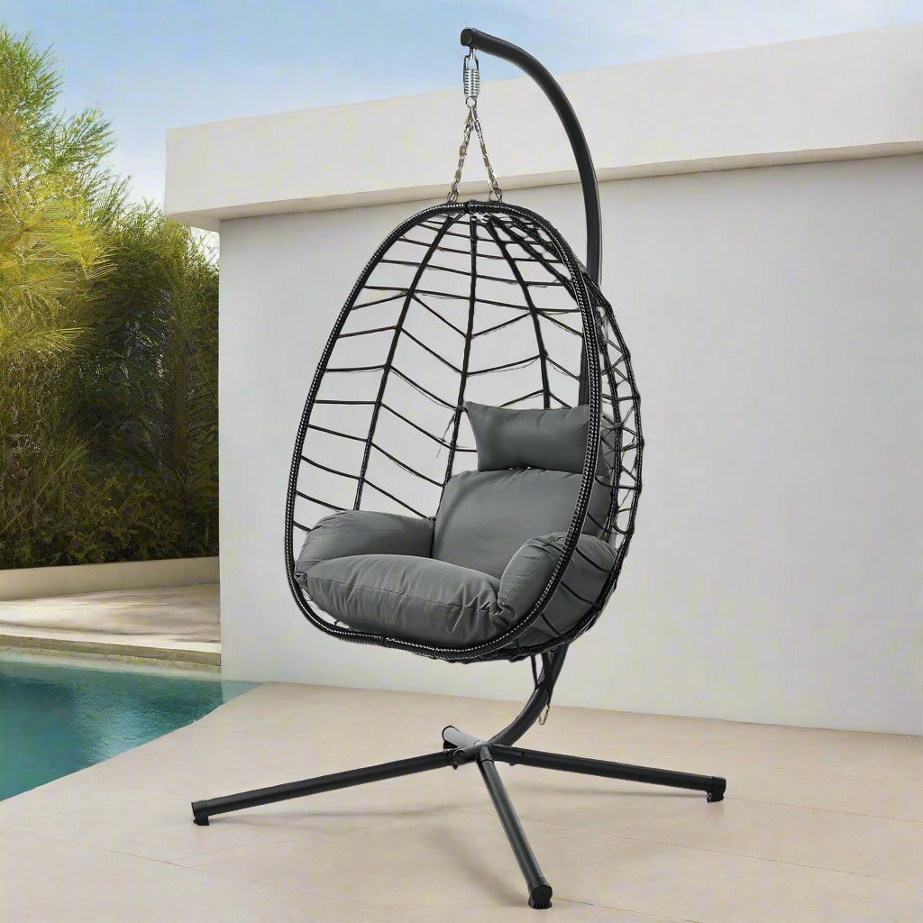 Milano Soft Padded Luxe Rattan Outdoor Egg Chair | Modern Swinging Plush Egg Chair