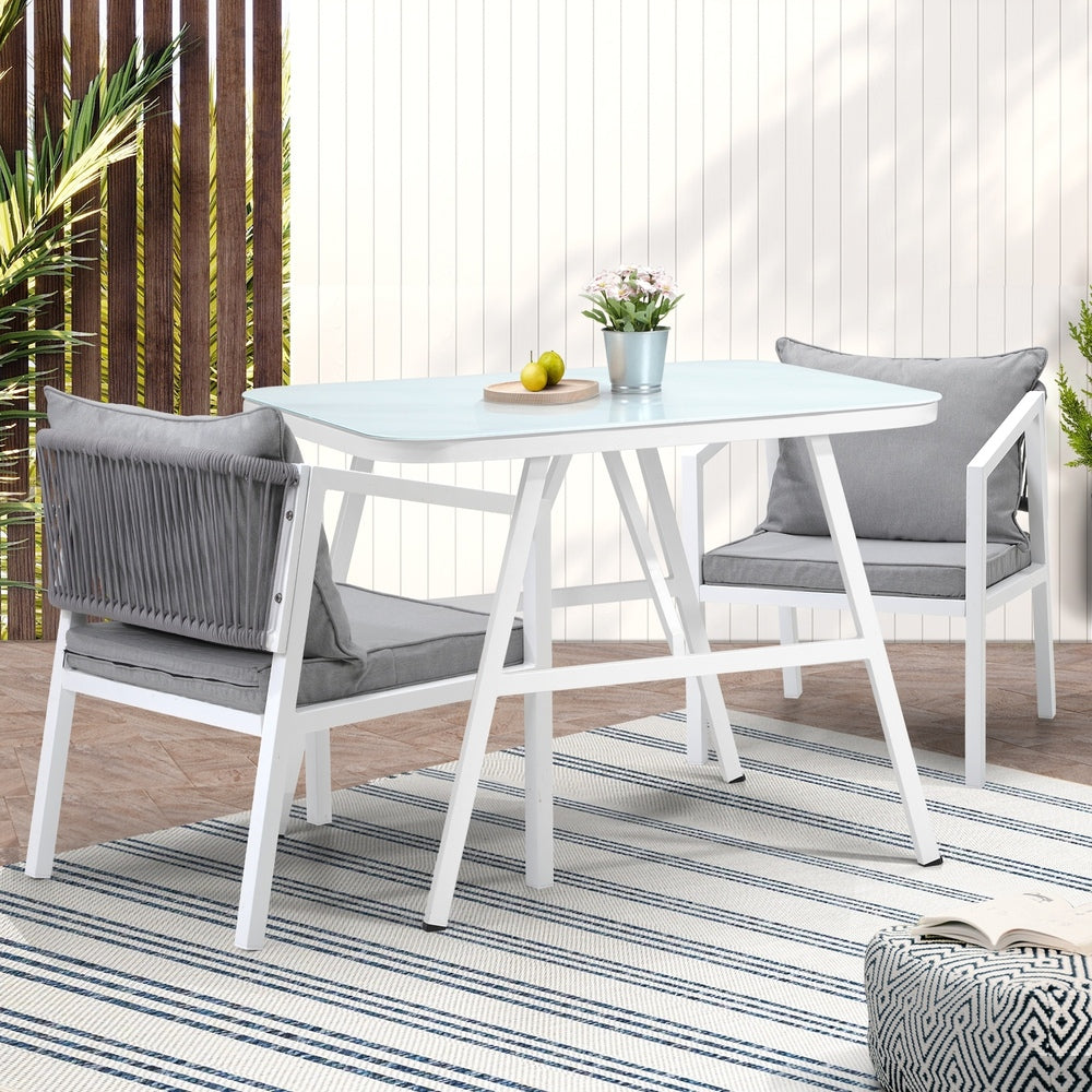 Alluro White 3pc Marble Style Table and Chair Outdoor Set | Soft Cushioned Chairs and Table Patio Furniture Set