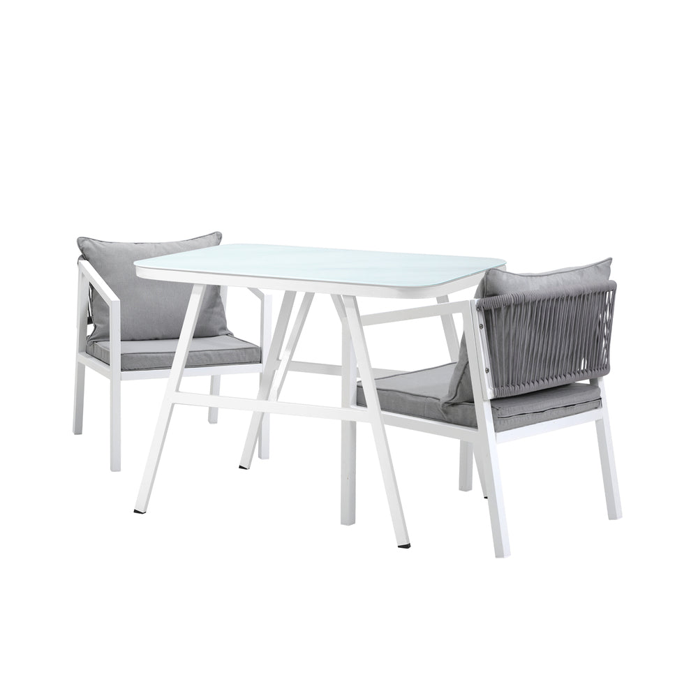 Alluro White 3pc Marble Style Table and Chair Outdoor Set | Soft Cushioned Chairs and Table Patio Furniture Set