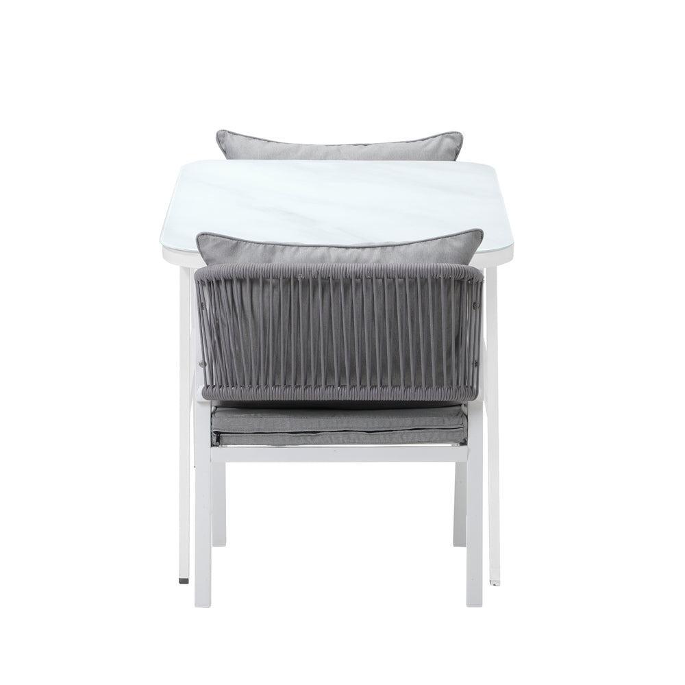 Alluro White 3pc Marble Style Table and Chair Outdoor Set | Soft Cushioned Chairs and Table Patio Furniture Set