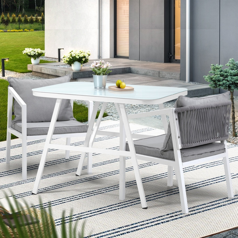 Alluro White 3pc Marble Style Table and Chair Outdoor Set | Soft Cushioned Chairs and Table Patio Furniture Set