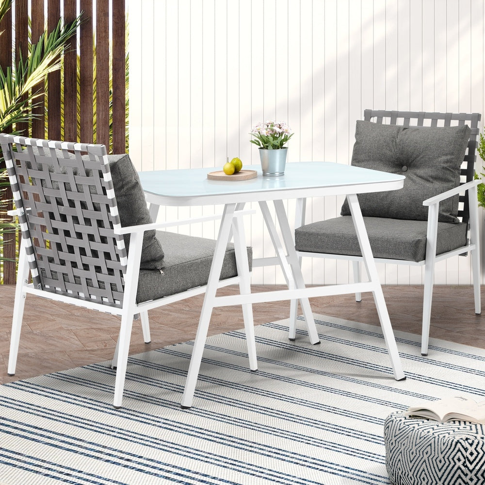 Alluro White 3pc Marble Style Table and Chair Outdoor Set | Soft Cushioned Chairs and Table Patio Furniture Set
