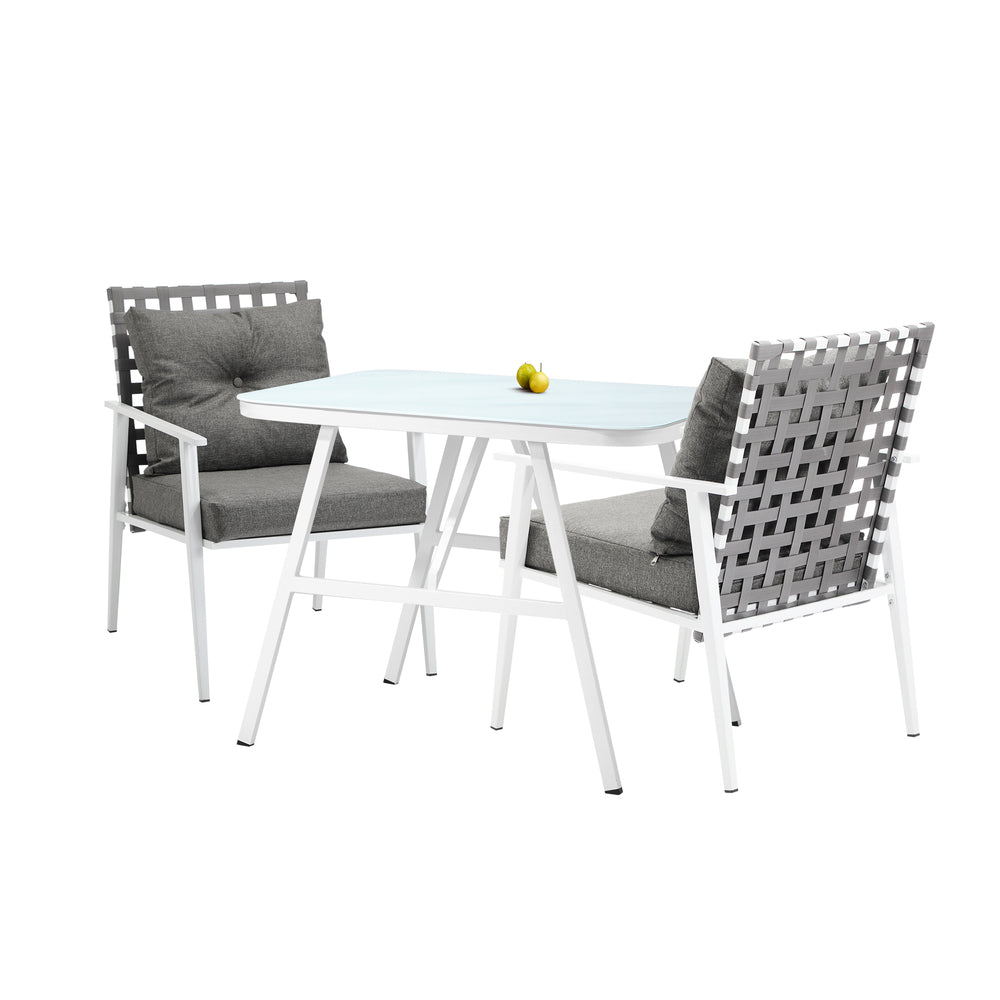 Alluro White 3pc Marble Style Table and Chair Outdoor Set | Soft Cushioned Chairs and Table Patio Furniture Set