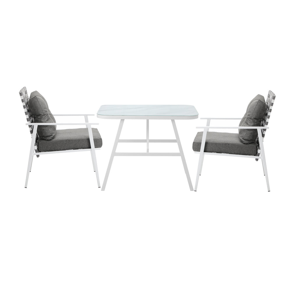 Alluro White 3pc Marble Style Table and Chair Outdoor Set | Soft Cushioned Chairs and Table Patio Furniture Set