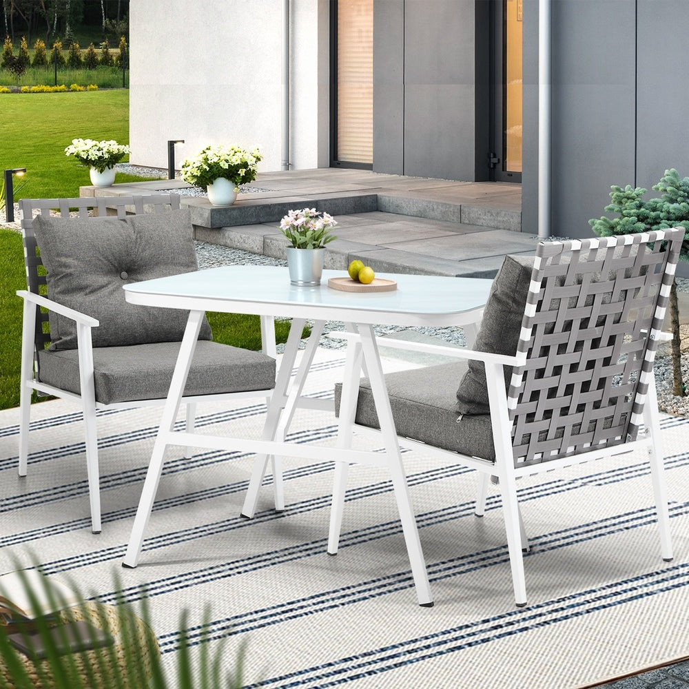 Alluro White 3pc Marble Style Table and Chair Outdoor Set | Soft Cushioned Chairs and Table Patio Furniture Set
