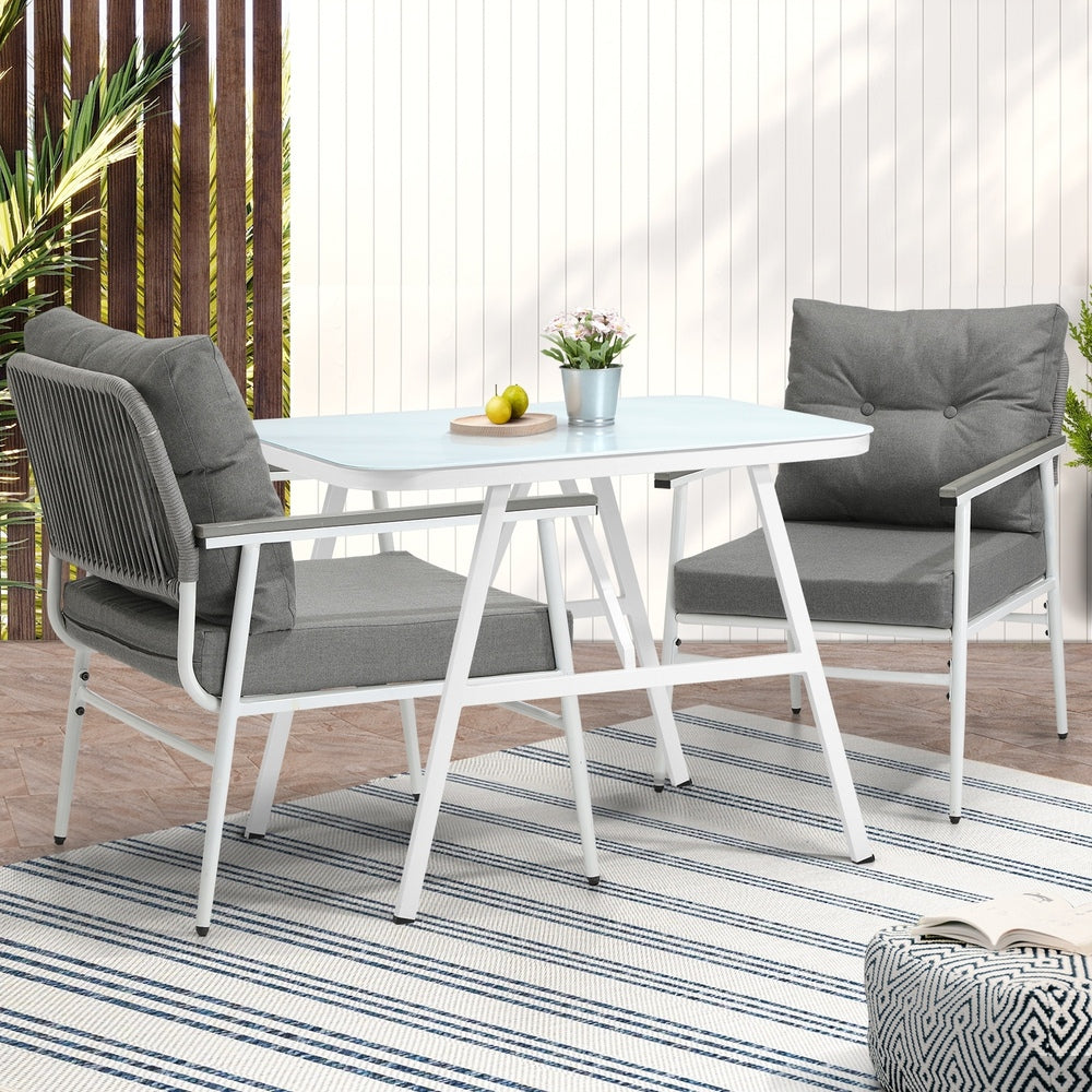 Alluro White 3pc Marble Style Table and Chair Outdoor Set | Soft Cushioned Chairs and Table Patio Furniture Set