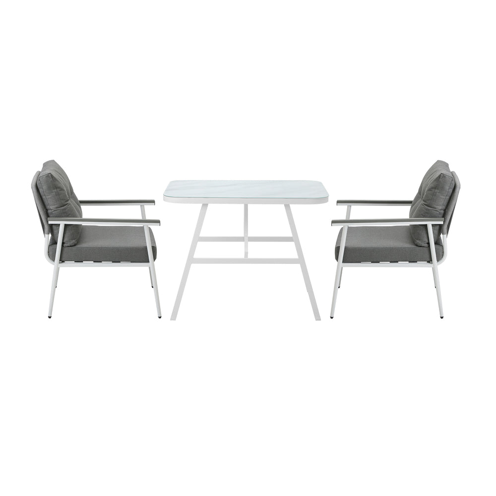 Alluro White 3pc Marble Style Table and Chair Outdoor Set | Soft Cushioned Chairs and Table Patio Furniture Set