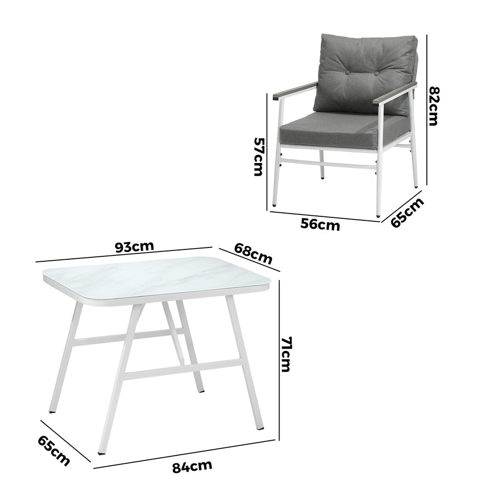 Alluro White 3pc Marble Style Table and Chair Outdoor Set | Soft Cushioned Chairs and Table Patio Furniture Set
