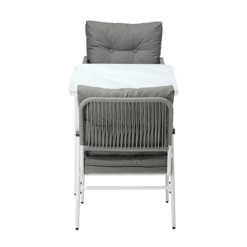 Alluro White 3pc Marble Style Table and Chair Outdoor Set | Soft Cushioned Chairs and Table Patio Furniture Set