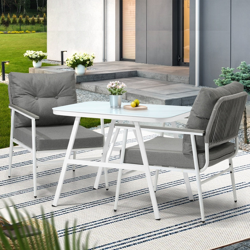 Alluro White 3pc Marble Style Table and Chair Outdoor Set | Soft Cushioned Chairs and Table Patio Furniture Set