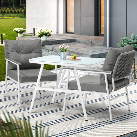 Alluro White 3pc Marble Style Table and Chair Outdoor Set | Soft Cushioned Chairs and Table Patio Furniture Set