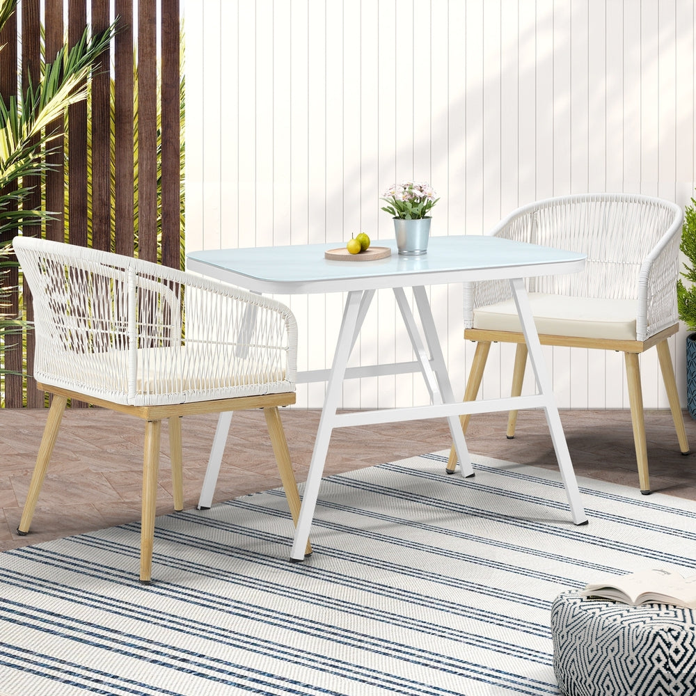 Alluro White 3pc Marble Style Table and Chair Outdoor Set | Soft Cushioned Chairs and Table Patio Furniture Set