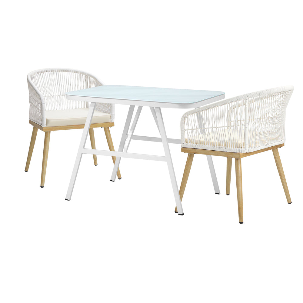 Alluro White 3pc Marble Style Table and Chair Outdoor Set | Soft Cushioned Chairs and Table Patio Furniture Set