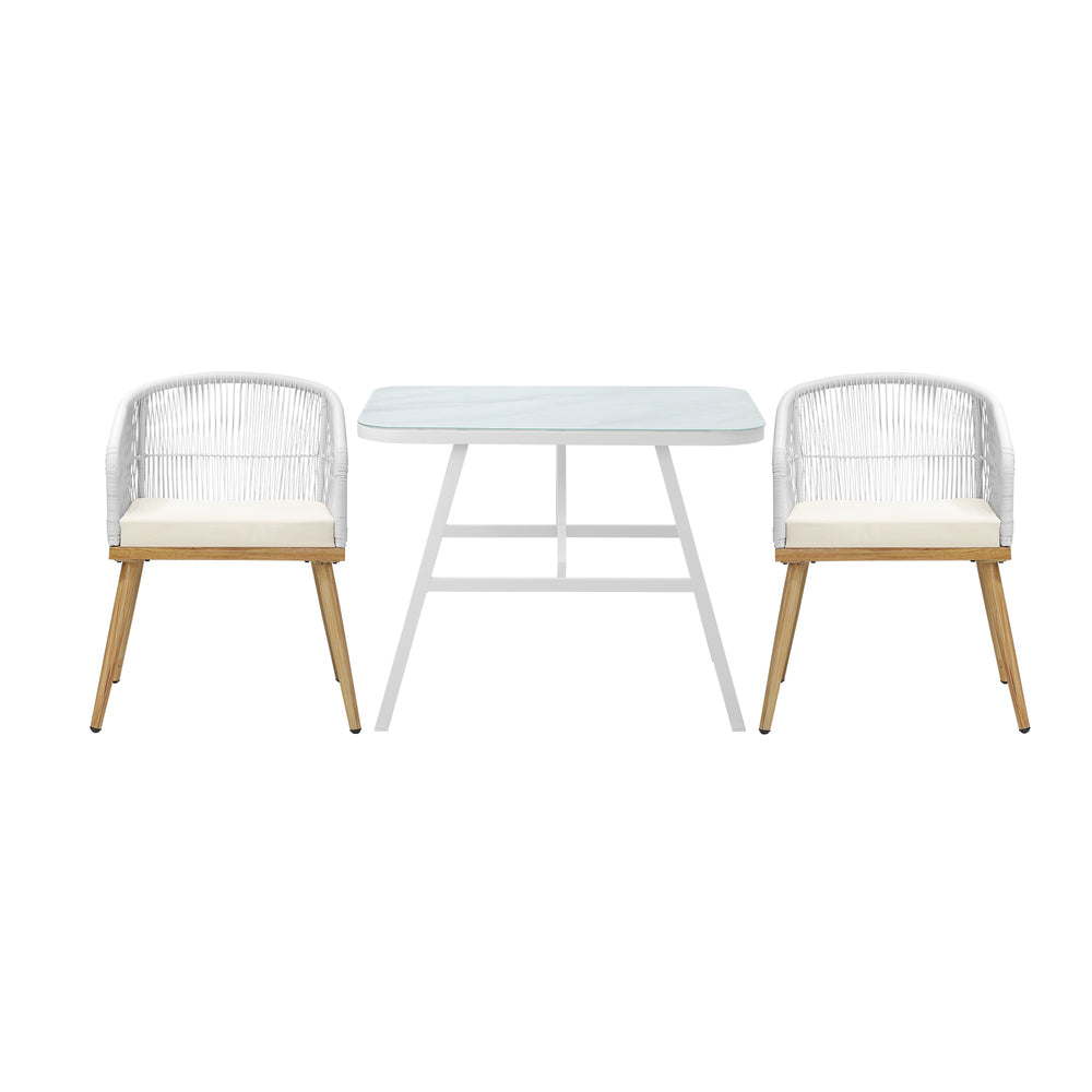 Alluro White 3pc Marble Style Table and Chair Outdoor Set | Soft Cushioned Chairs and Table Patio Furniture Set