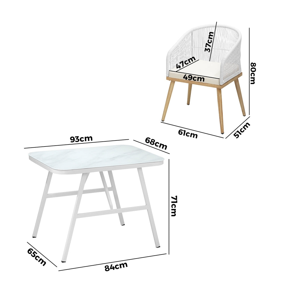 Alluro White 3pc Marble Style Table and Chair Outdoor Set | Soft Cushioned Chairs and Table Patio Furniture Set