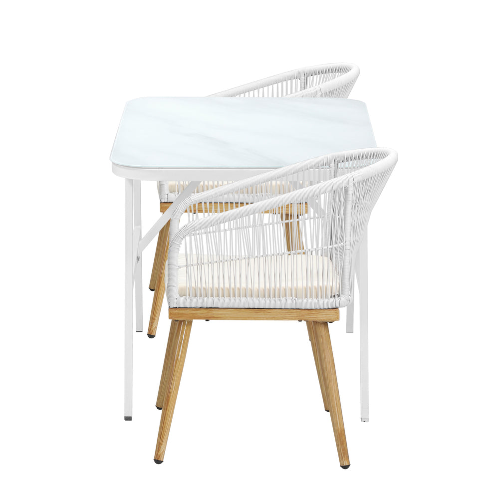 Alluro White 3pc Marble Style Table and Chair Outdoor Set | Soft Cushioned Chairs and Table Patio Furniture Set