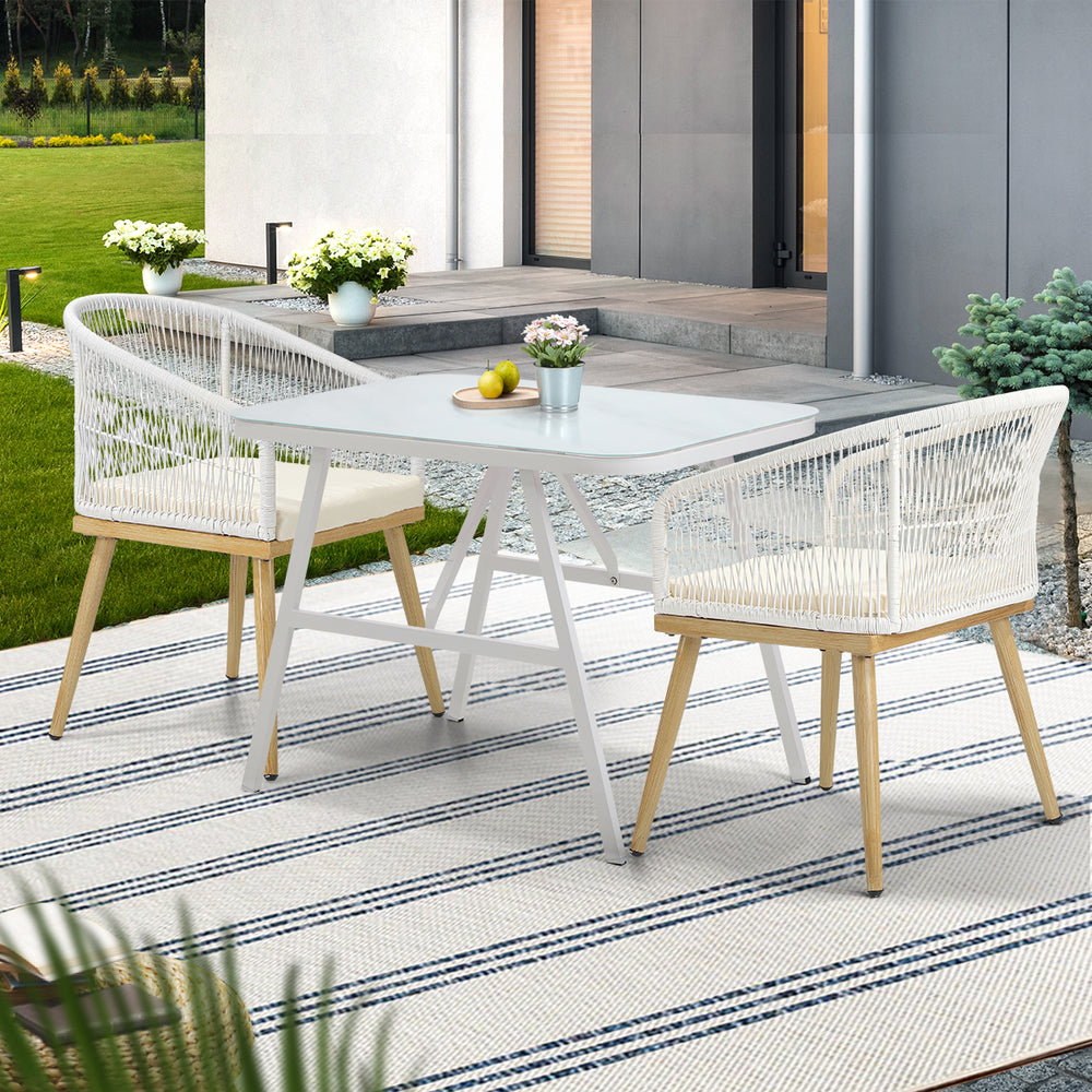 Alluro White 3pc Marble Style Table and Chair Outdoor Set | Soft Cushioned Chairs and Table Patio Furniture Set