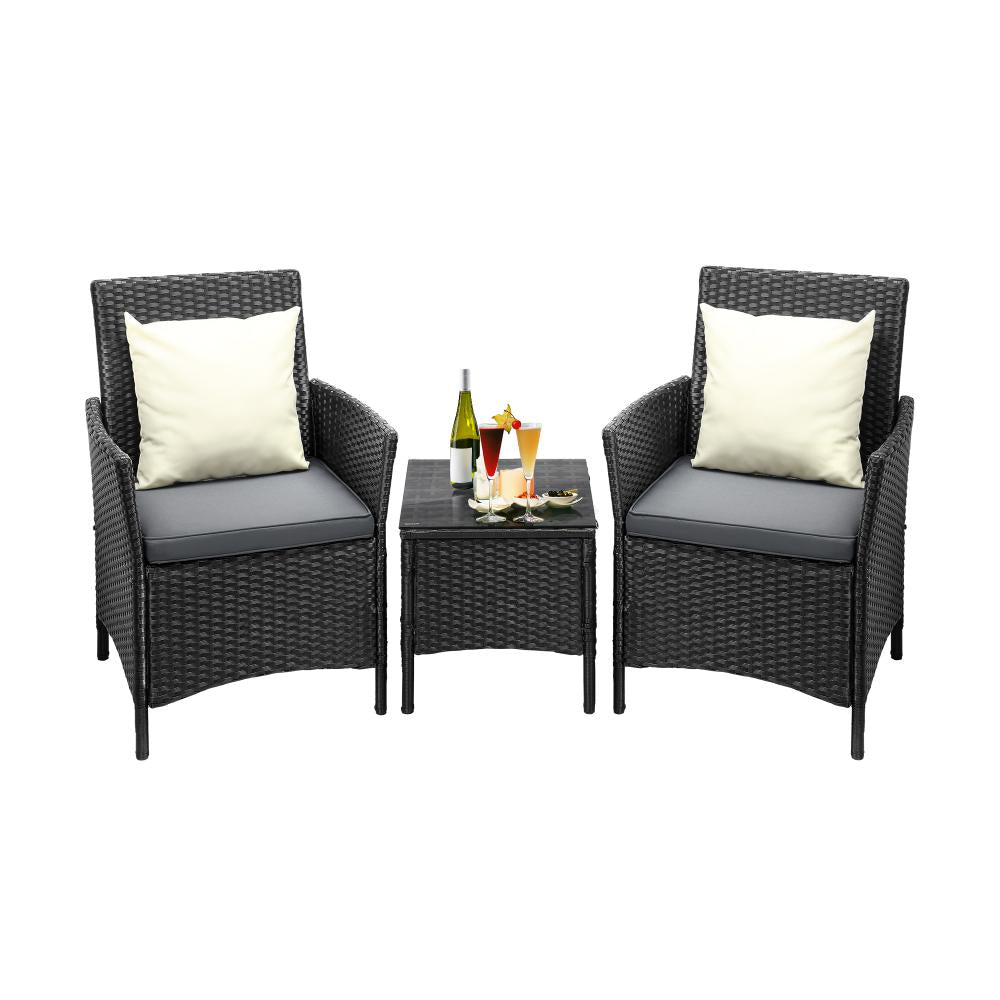 Luxury 3pc Wicker Outdoor Furniture Lounge Set | 3 Piece Rattan Sofa Chair Table Patio Set