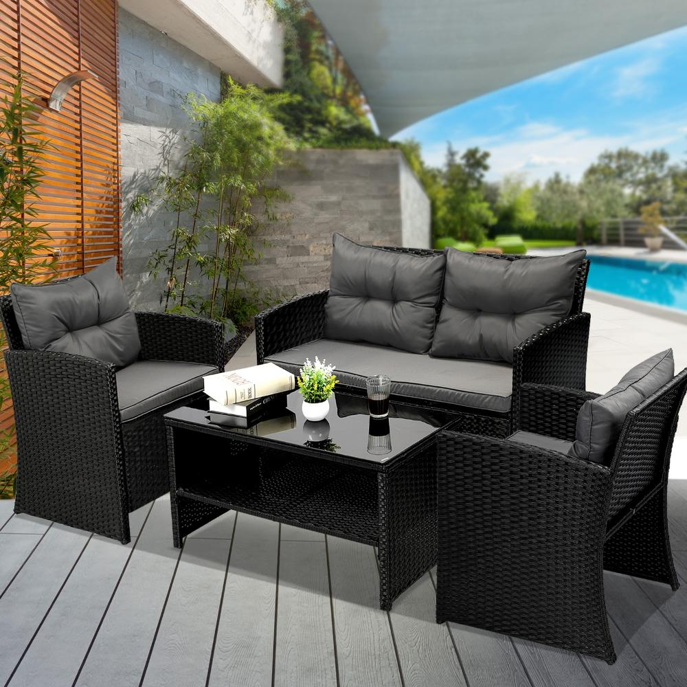 Luxury 4pc Wicker Outdoor Furniture Lounge Set | 4 Piece Rattan Sofa Chair Table Patio Set