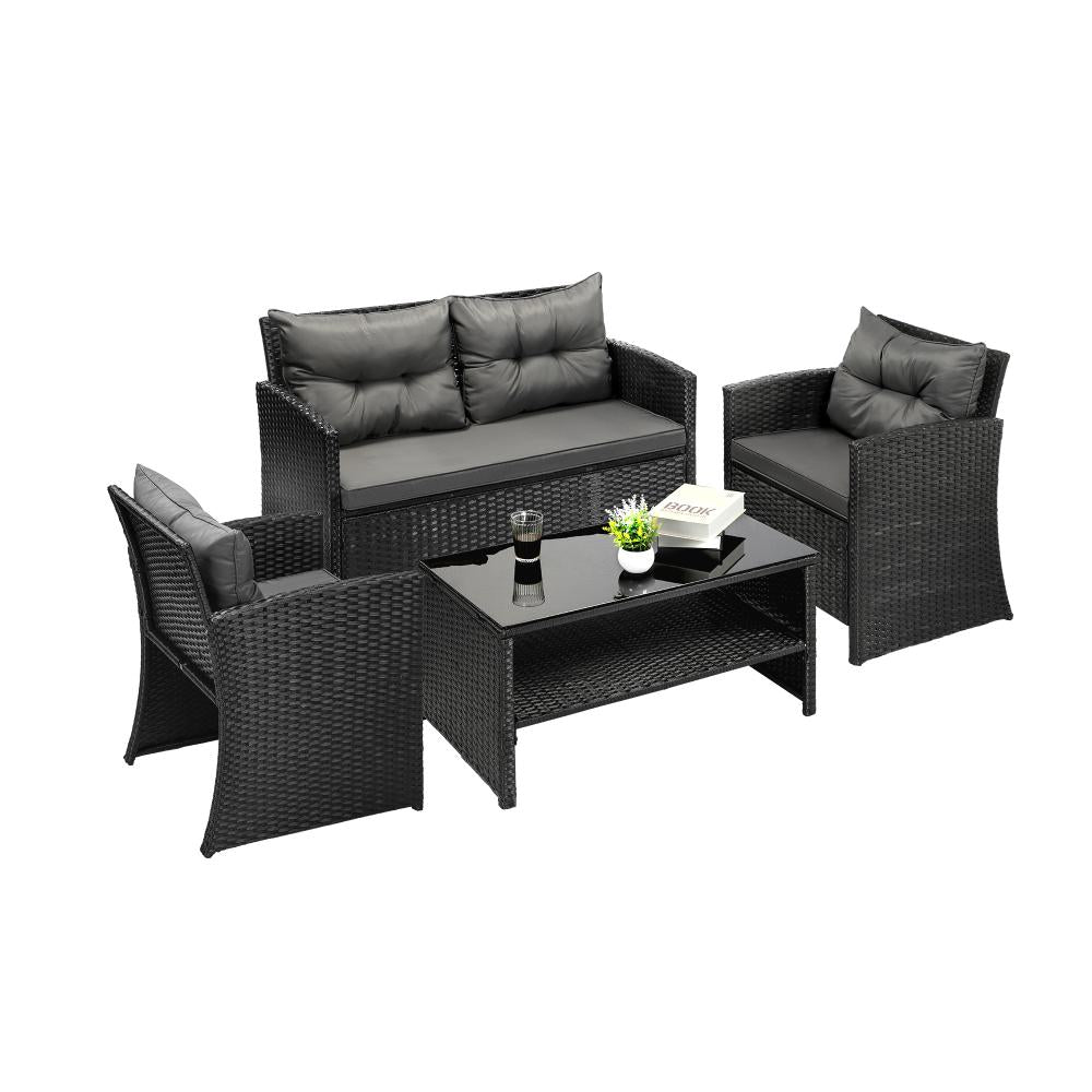 Luxury 4pc Wicker Outdoor Furniture Lounge Set | 4 Piece Rattan Sofa Chair Table Patio Set